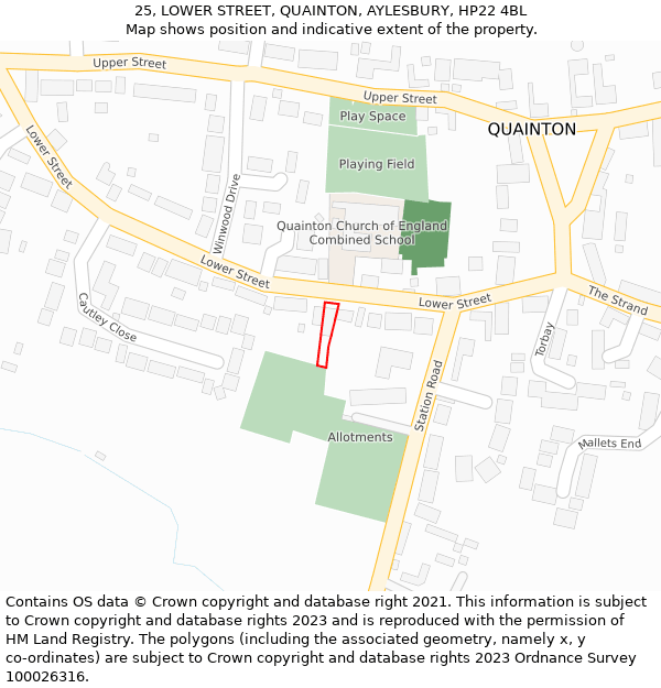 25, LOWER STREET, QUAINTON, AYLESBURY, HP22 4BL: Location map and indicative extent of plot