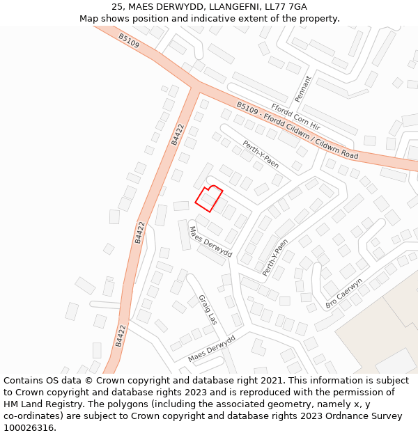 25, MAES DERWYDD, LLANGEFNI, LL77 7GA: Location map and indicative extent of plot