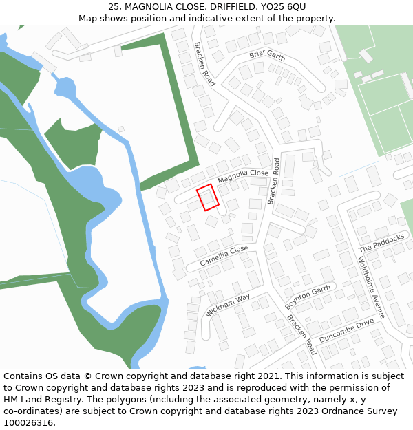 25, MAGNOLIA CLOSE, DRIFFIELD, YO25 6QU: Location map and indicative extent of plot