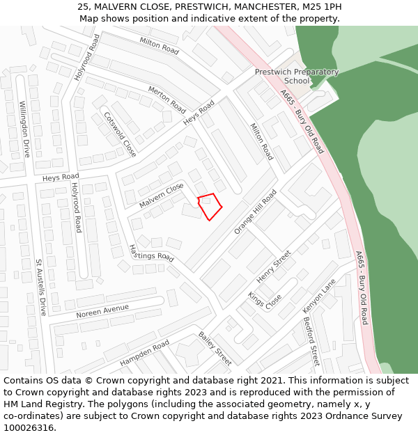 25, MALVERN CLOSE, PRESTWICH, MANCHESTER, M25 1PH: Location map and indicative extent of plot