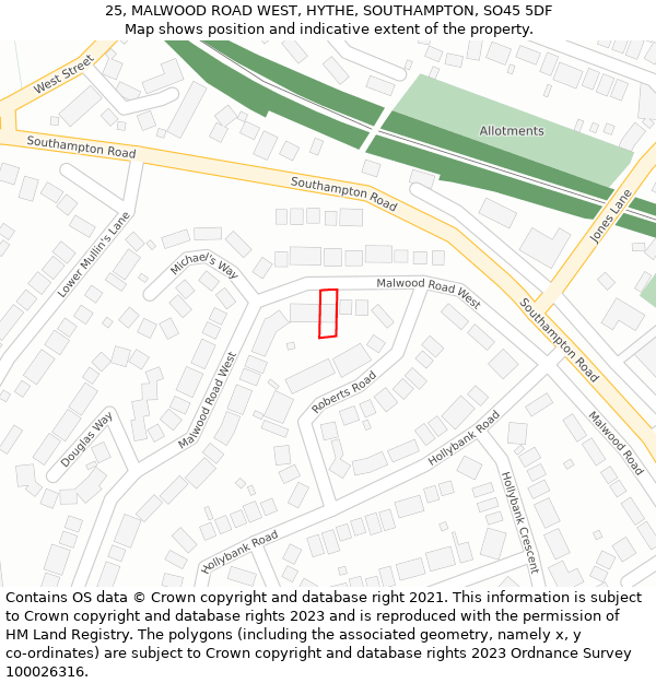 25, MALWOOD ROAD WEST, HYTHE, SOUTHAMPTON, SO45 5DF: Location map and indicative extent of plot