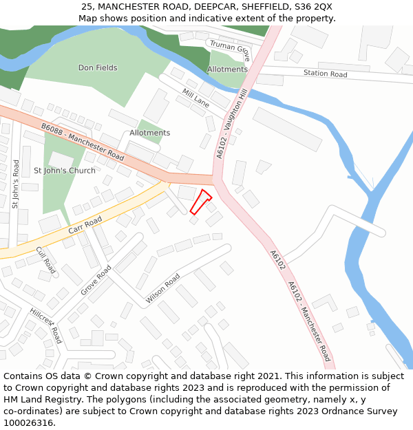 25, MANCHESTER ROAD, DEEPCAR, SHEFFIELD, S36 2QX: Location map and indicative extent of plot