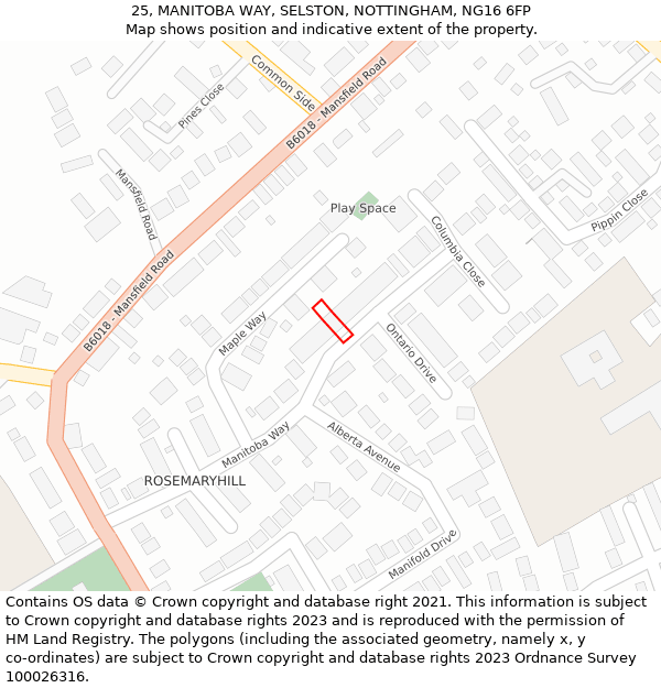 25, MANITOBA WAY, SELSTON, NOTTINGHAM, NG16 6FP: Location map and indicative extent of plot