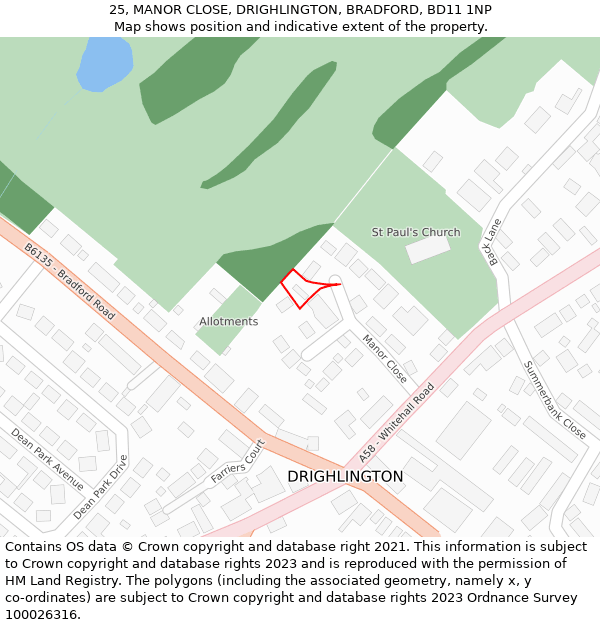 25, MANOR CLOSE, DRIGHLINGTON, BRADFORD, BD11 1NP: Location map and indicative extent of plot