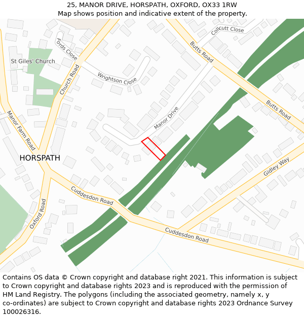 25, MANOR DRIVE, HORSPATH, OXFORD, OX33 1RW: Location map and indicative extent of plot