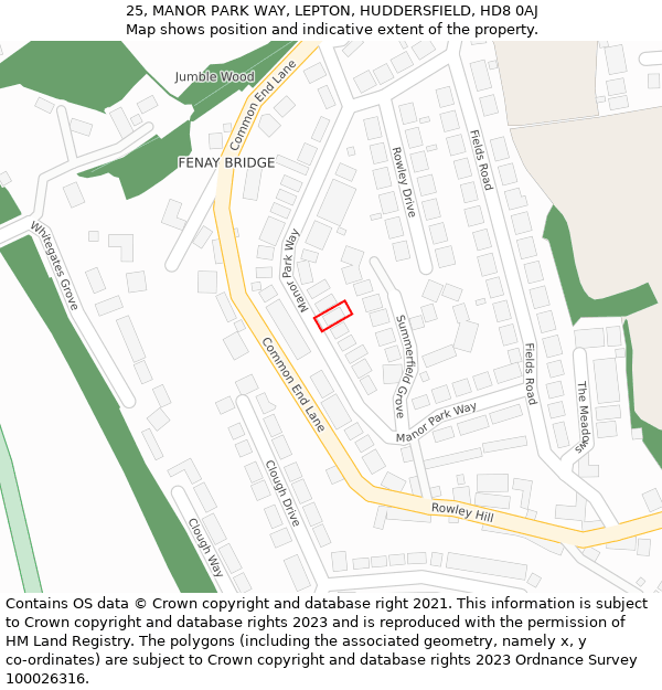 25, MANOR PARK WAY, LEPTON, HUDDERSFIELD, HD8 0AJ: Location map and indicative extent of plot