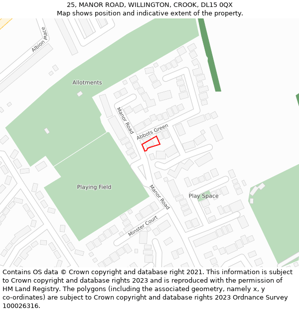 25, MANOR ROAD, WILLINGTON, CROOK, DL15 0QX: Location map and indicative extent of plot