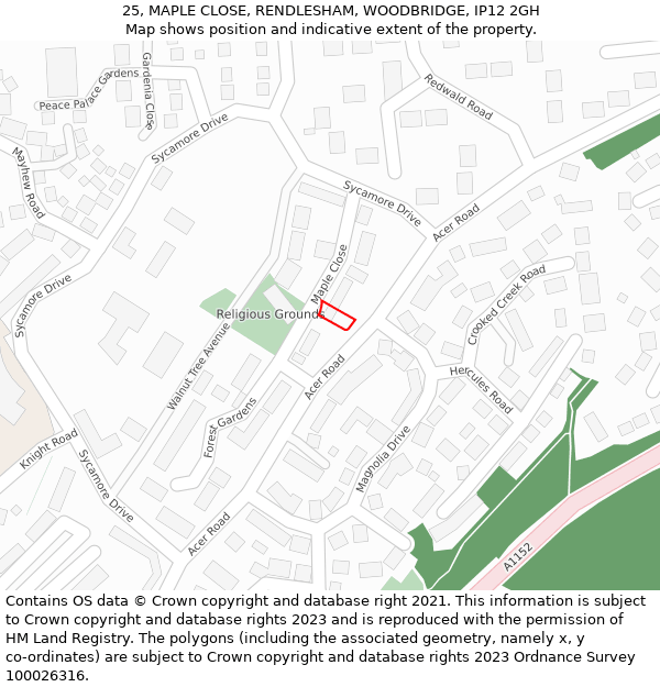 25, MAPLE CLOSE, RENDLESHAM, WOODBRIDGE, IP12 2GH: Location map and indicative extent of plot