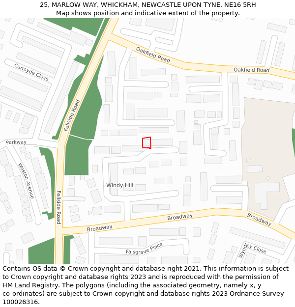 25, MARLOW WAY, WHICKHAM, NEWCASTLE UPON TYNE, NE16 5RH: Location map and indicative extent of plot