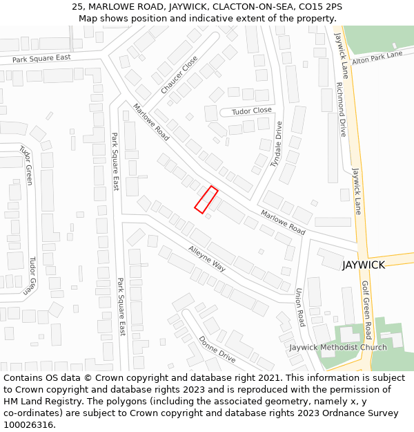 25, MARLOWE ROAD, JAYWICK, CLACTON-ON-SEA, CO15 2PS: Location map and indicative extent of plot