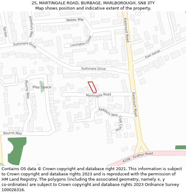 25, MARTINGALE ROAD, BURBAGE, MARLBOROUGH, SN8 3TY: Location map and indicative extent of plot