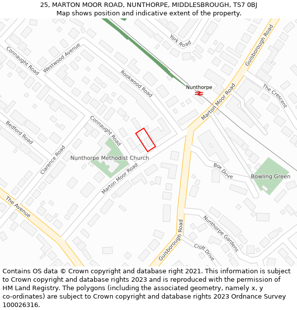 25, MARTON MOOR ROAD, NUNTHORPE, MIDDLESBROUGH, TS7 0BJ: Location map and indicative extent of plot