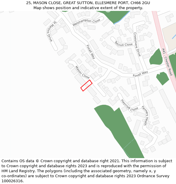 25, MASON CLOSE, GREAT SUTTON, ELLESMERE PORT, CH66 2GU: Location map and indicative extent of plot