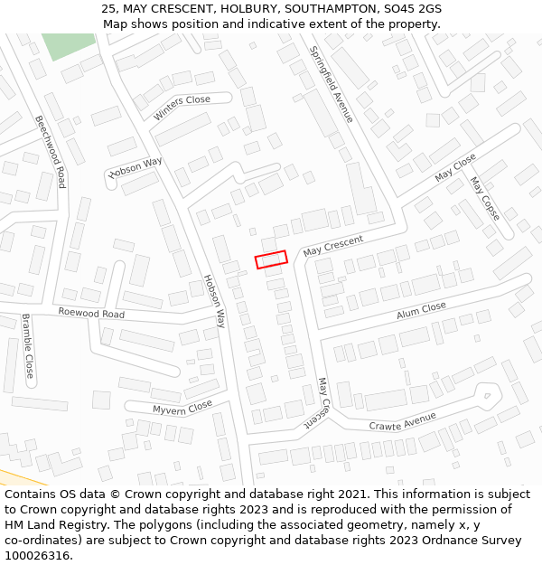 25, MAY CRESCENT, HOLBURY, SOUTHAMPTON, SO45 2GS: Location map and indicative extent of plot