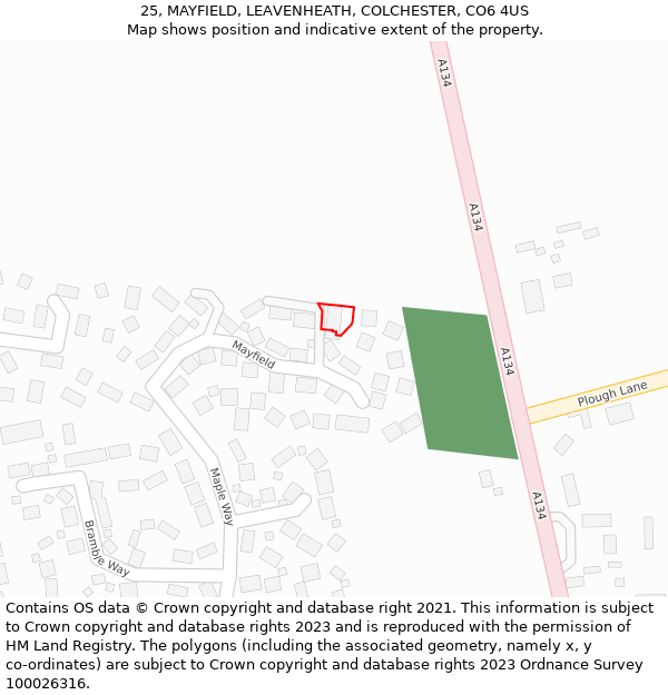 25, MAYFIELD, LEAVENHEATH, COLCHESTER, CO6 4US: Location map and indicative extent of plot