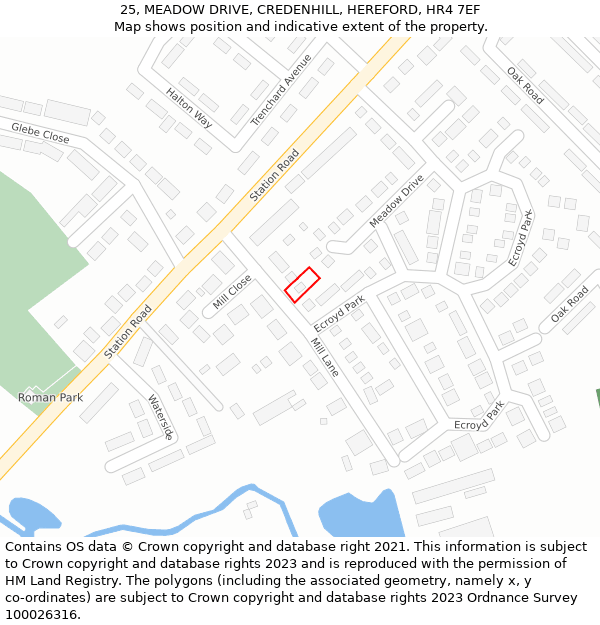 25, MEADOW DRIVE, CREDENHILL, HEREFORD, HR4 7EF: Location map and indicative extent of plot