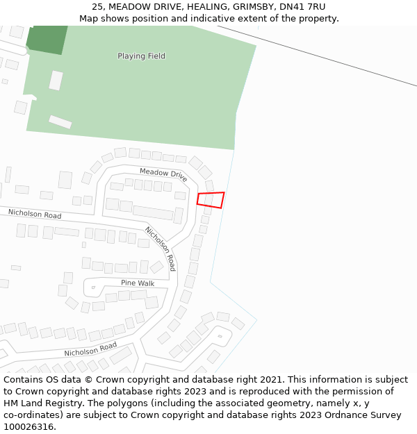 25, MEADOW DRIVE, HEALING, GRIMSBY, DN41 7RU: Location map and indicative extent of plot