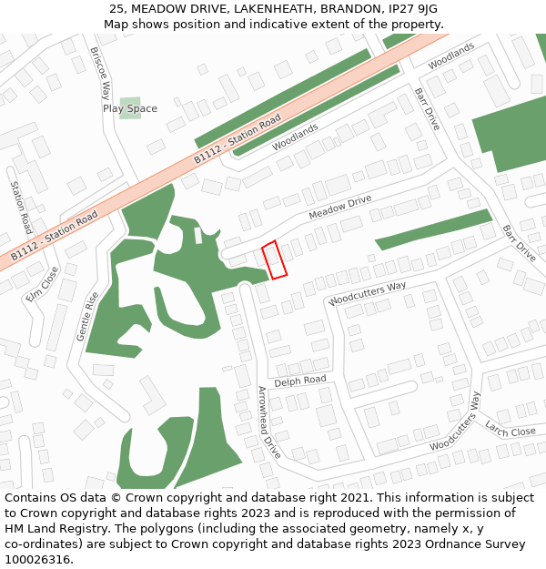 25, MEADOW DRIVE, LAKENHEATH, BRANDON, IP27 9JG: Location map and indicative extent of plot