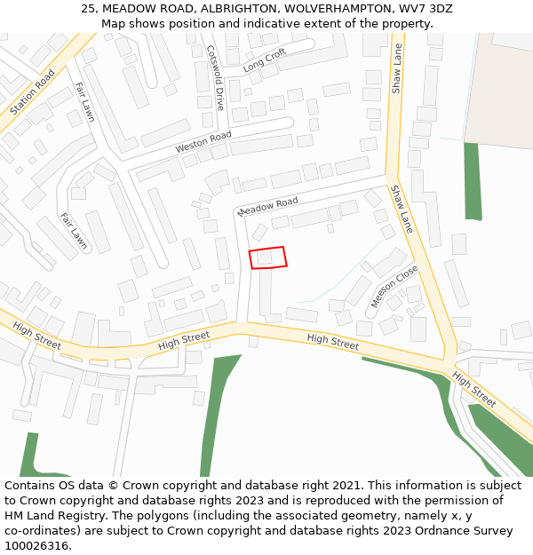 25, MEADOW ROAD, ALBRIGHTON, WOLVERHAMPTON, WV7 3DZ: Location map and indicative extent of plot