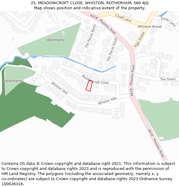 25, MEADOWCROFT CLOSE, WHISTON, ROTHERHAM, S60 4JQ: Location map and indicative extent of plot