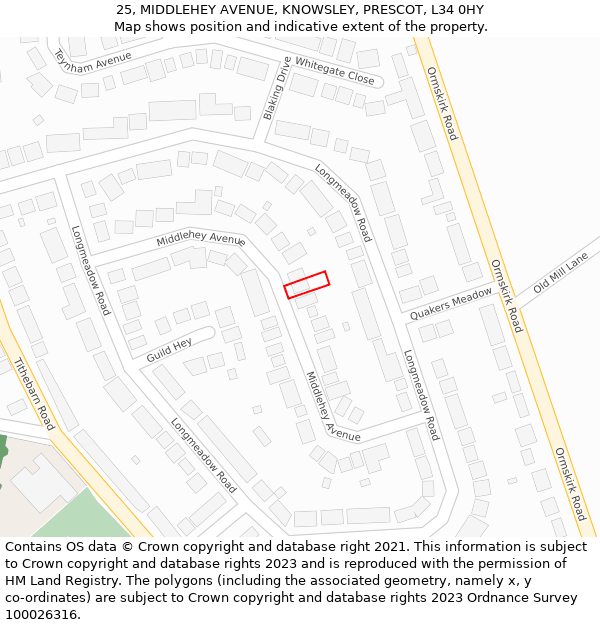 25, MIDDLEHEY AVENUE, KNOWSLEY, PRESCOT, L34 0HY: Location map and indicative extent of plot