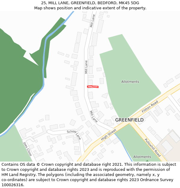 25, MILL LANE, GREENFIELD, BEDFORD, MK45 5DG: Location map and indicative extent of plot