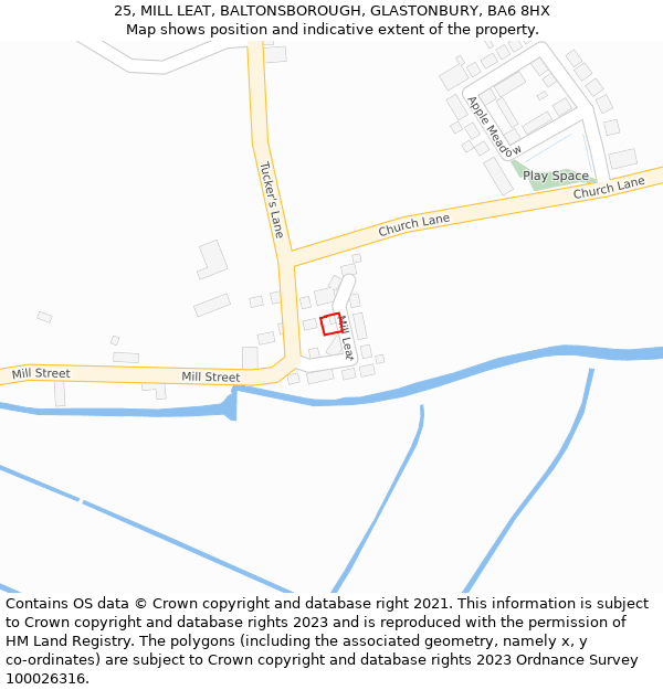 25, MILL LEAT, BALTONSBOROUGH, GLASTONBURY, BA6 8HX: Location map and indicative extent of plot