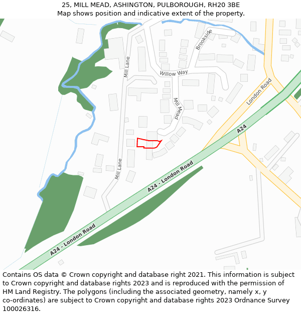 25, MILL MEAD, ASHINGTON, PULBOROUGH, RH20 3BE: Location map and indicative extent of plot