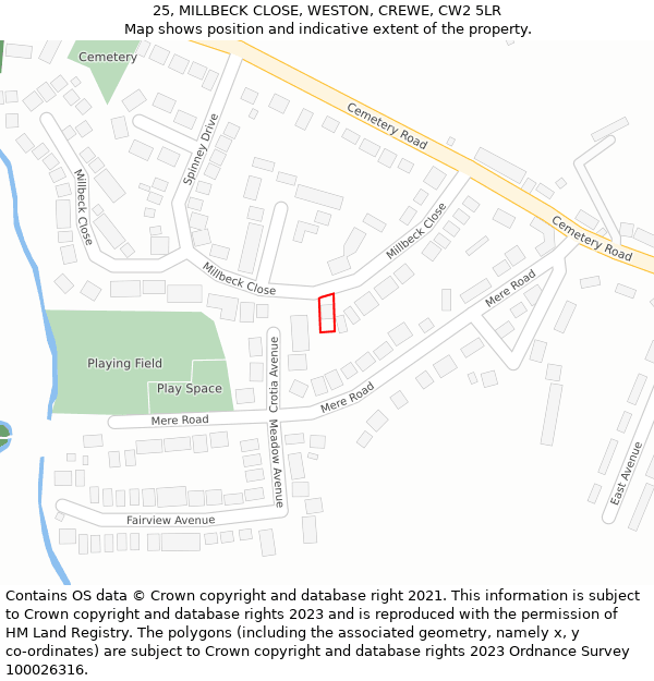 25, MILLBECK CLOSE, WESTON, CREWE, CW2 5LR: Location map and indicative extent of plot