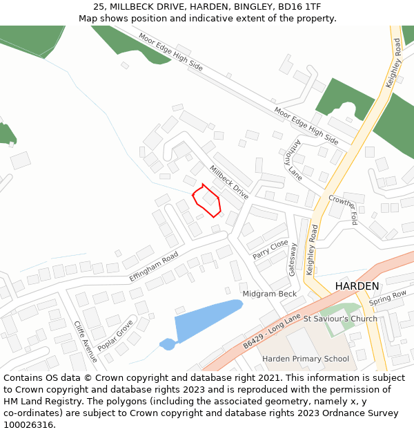25, MILLBECK DRIVE, HARDEN, BINGLEY, BD16 1TF: Location map and indicative extent of plot