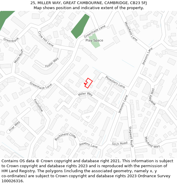 25, MILLER WAY, GREAT CAMBOURNE, CAMBRIDGE, CB23 5FJ: Location map and indicative extent of plot