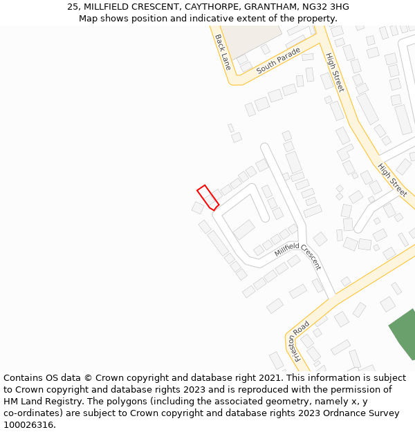 25, MILLFIELD CRESCENT, CAYTHORPE, GRANTHAM, NG32 3HG: Location map and indicative extent of plot