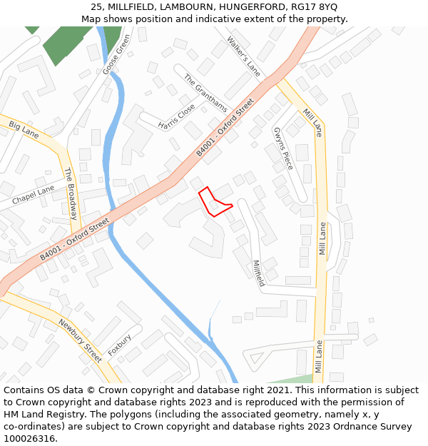 25, MILLFIELD, LAMBOURN, HUNGERFORD, RG17 8YQ: Location map and indicative extent of plot