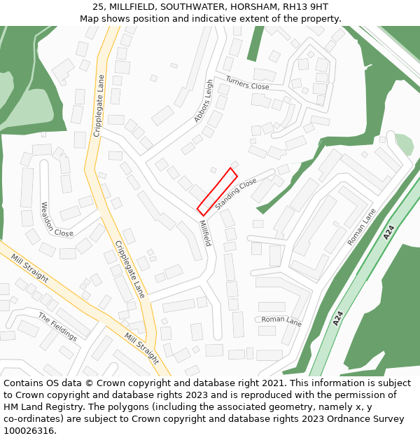 25, MILLFIELD, SOUTHWATER, HORSHAM, RH13 9HT: Location map and indicative extent of plot