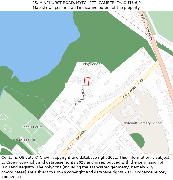 25, MINEHURST ROAD, MYTCHETT, CAMBERLEY, GU16 6JP: Location map and indicative extent of plot