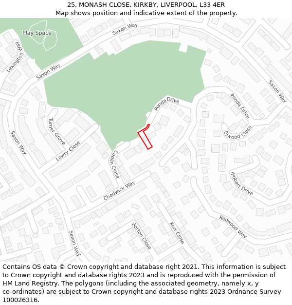 25, MONASH CLOSE, KIRKBY, LIVERPOOL, L33 4ER: Location map and indicative extent of plot