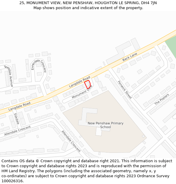 25, MONUMENT VIEW, NEW PENSHAW, HOUGHTON LE SPRING, DH4 7JN: Location map and indicative extent of plot