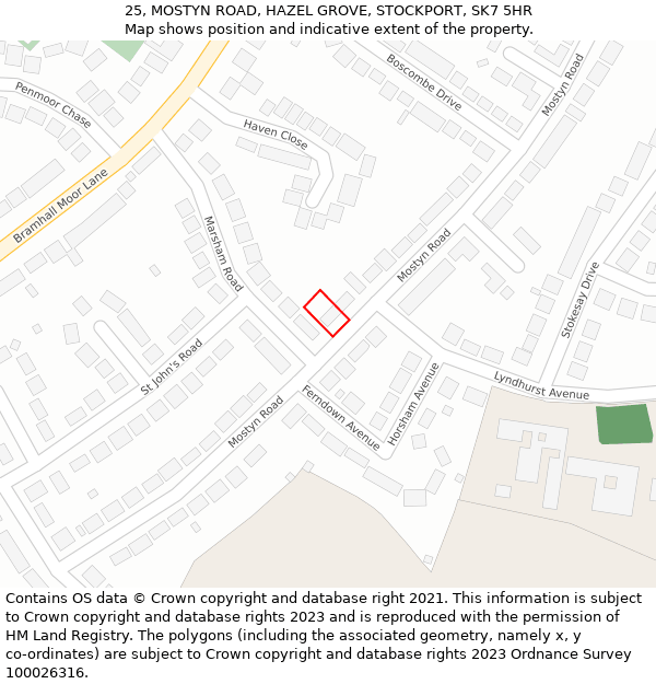 25, MOSTYN ROAD, HAZEL GROVE, STOCKPORT, SK7 5HR: Location map and indicative extent of plot