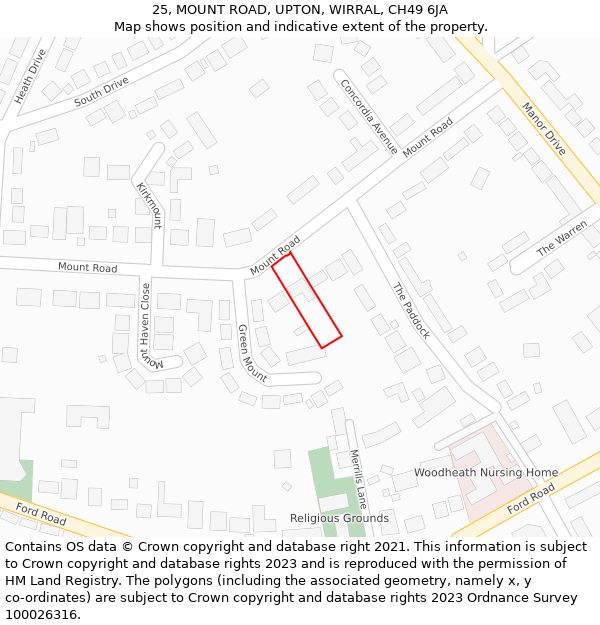 25, MOUNT ROAD, UPTON, WIRRAL, CH49 6JA: Location map and indicative extent of plot