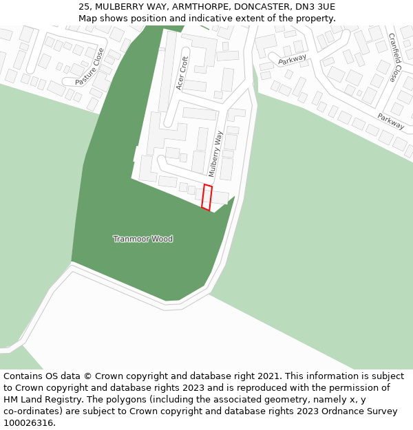 25, MULBERRY WAY, ARMTHORPE, DONCASTER, DN3 3UE: Location map and indicative extent of plot