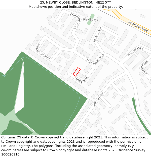 25, NEWBY CLOSE, BEDLINGTON, NE22 5YT: Location map and indicative extent of plot