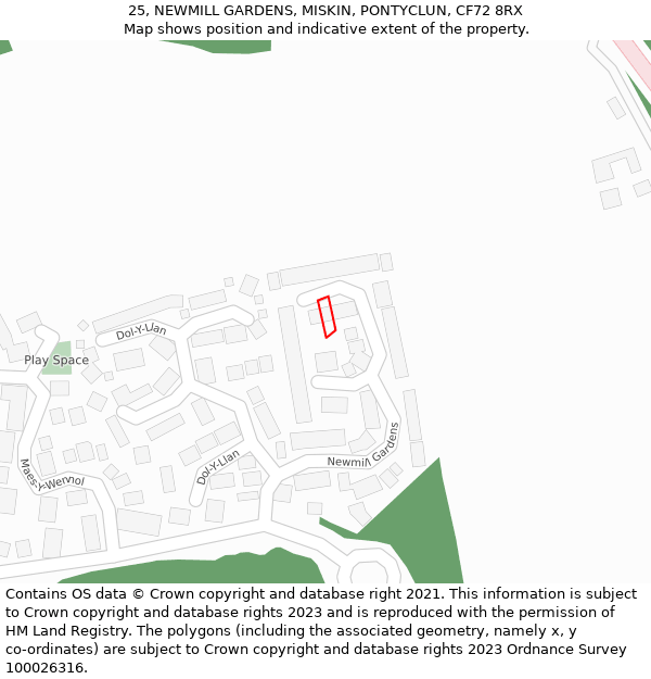 25, NEWMILL GARDENS, MISKIN, PONTYCLUN, CF72 8RX: Location map and indicative extent of plot