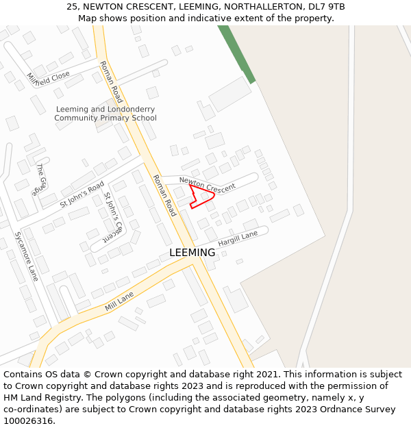 25, NEWTON CRESCENT, LEEMING, NORTHALLERTON, DL7 9TB: Location map and indicative extent of plot