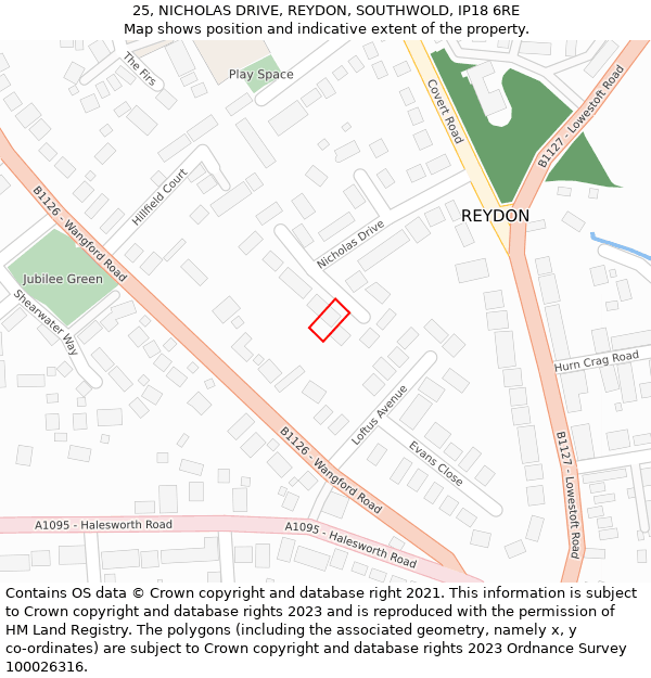 25, NICHOLAS DRIVE, REYDON, SOUTHWOLD, IP18 6RE: Location map and indicative extent of plot