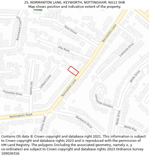 25, NORMANTON LANE, KEYWORTH, NOTTINGHAM, NG12 5HB: Location map and indicative extent of plot