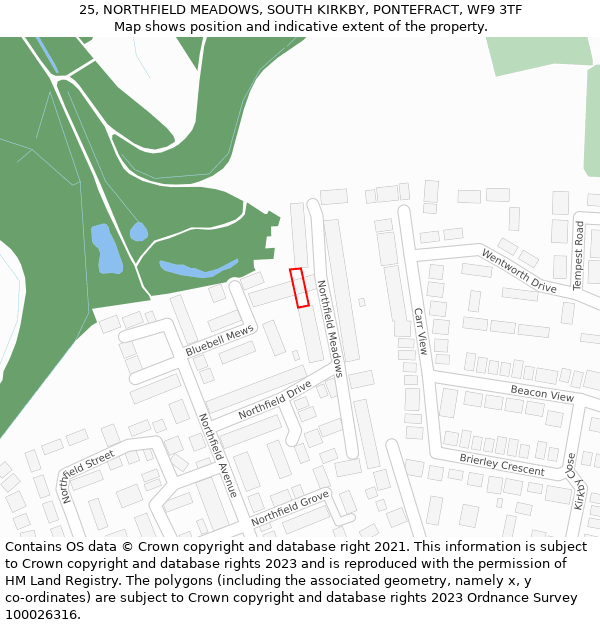 25, NORTHFIELD MEADOWS, SOUTH KIRKBY, PONTEFRACT, WF9 3TF: Location map and indicative extent of plot