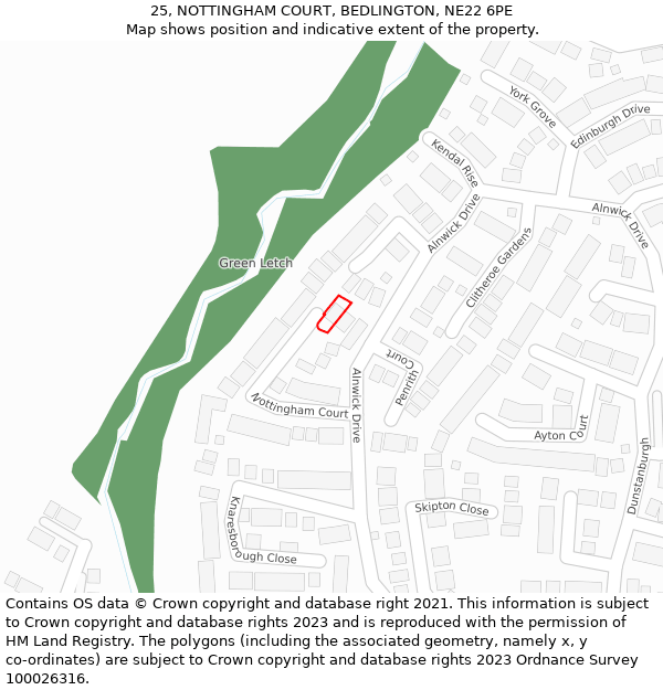 25, NOTTINGHAM COURT, BEDLINGTON, NE22 6PE: Location map and indicative extent of plot