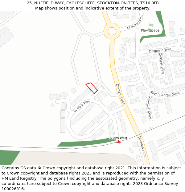 25, NUFFIELD WAY, EAGLESCLIFFE, STOCKTON-ON-TEES, TS16 0FB: Location map and indicative extent of plot