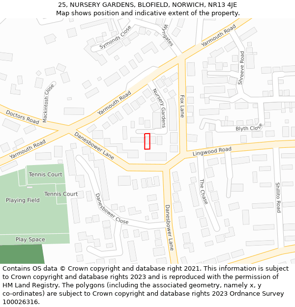 25, NURSERY GARDENS, BLOFIELD, NORWICH, NR13 4JE: Location map and indicative extent of plot