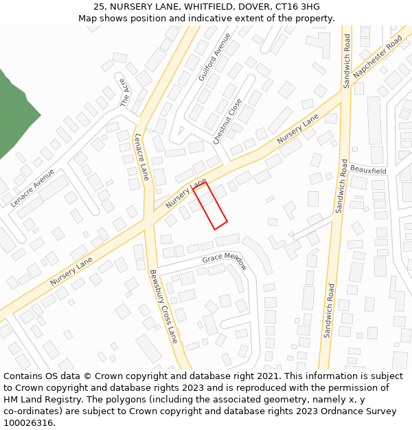 25, NURSERY LANE, WHITFIELD, DOVER, CT16 3HG: Location map and indicative extent of plot